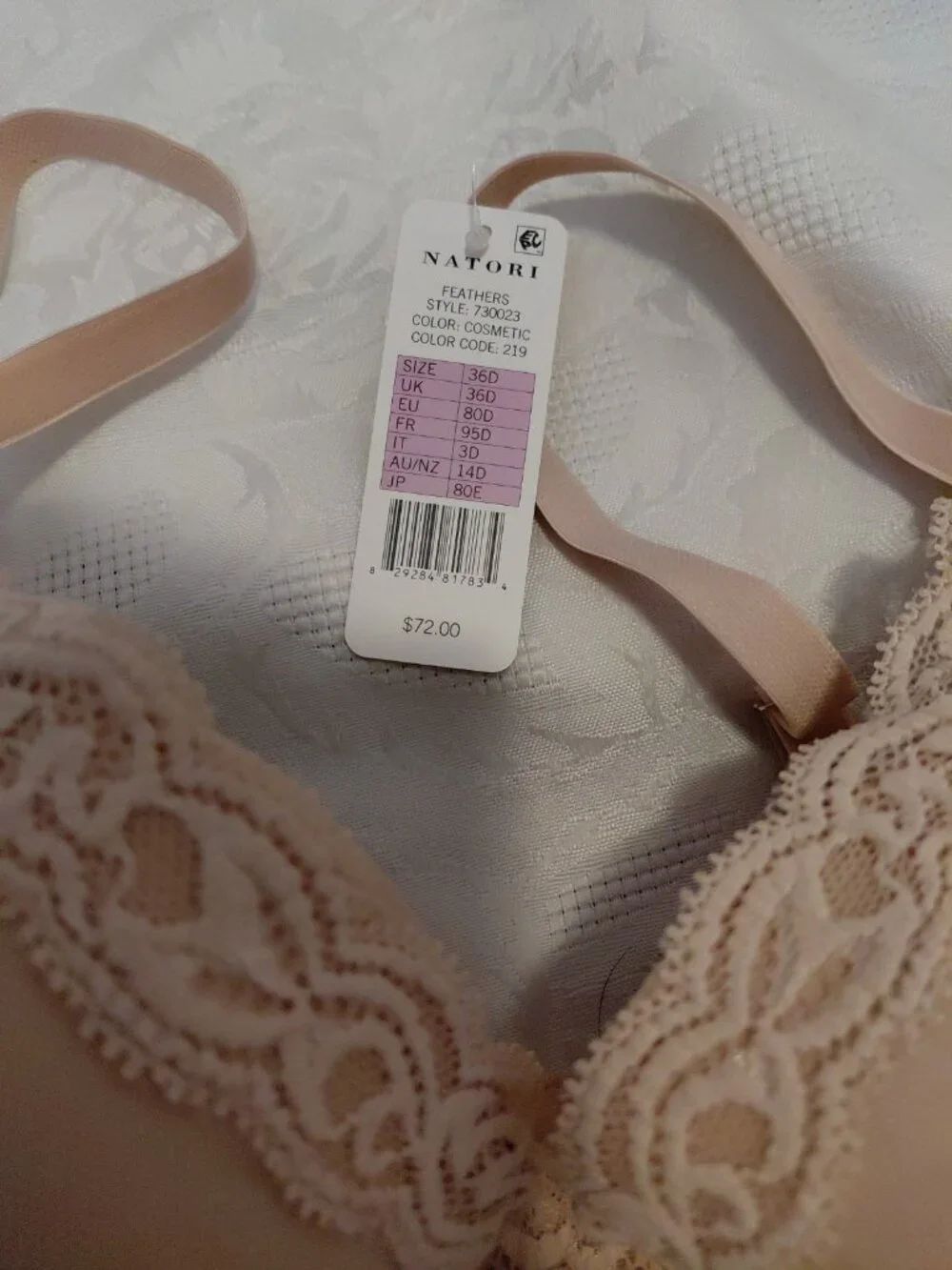 Natori Feather Contour Plunge Bra Lace Trim Nude 36 D NWT